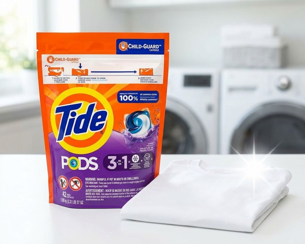 Viên giặt Tide Pods cao cấp nhập khẩu giúp làm sáng màu trang phục và đánh bật các vết bẩn hữu cơ cứng đầu.