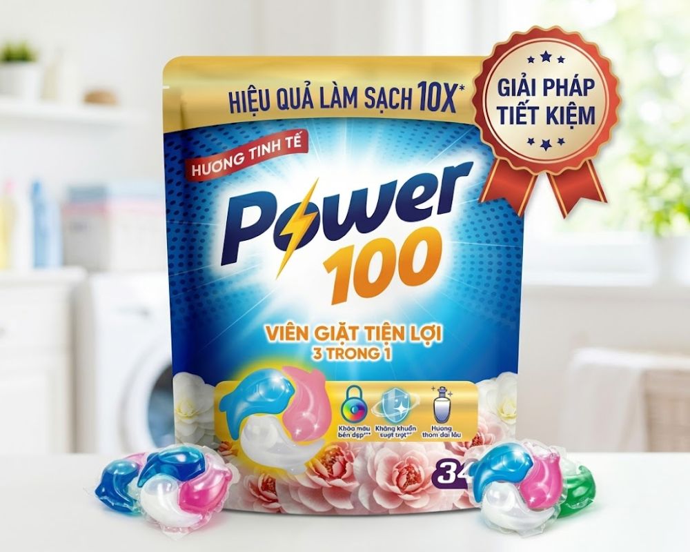 Viên giặt Power 100 3 trong 1 tích hợp làm sạch, khử mùi ẩm mốc và lưu hương với mức giá tiết kiệm.