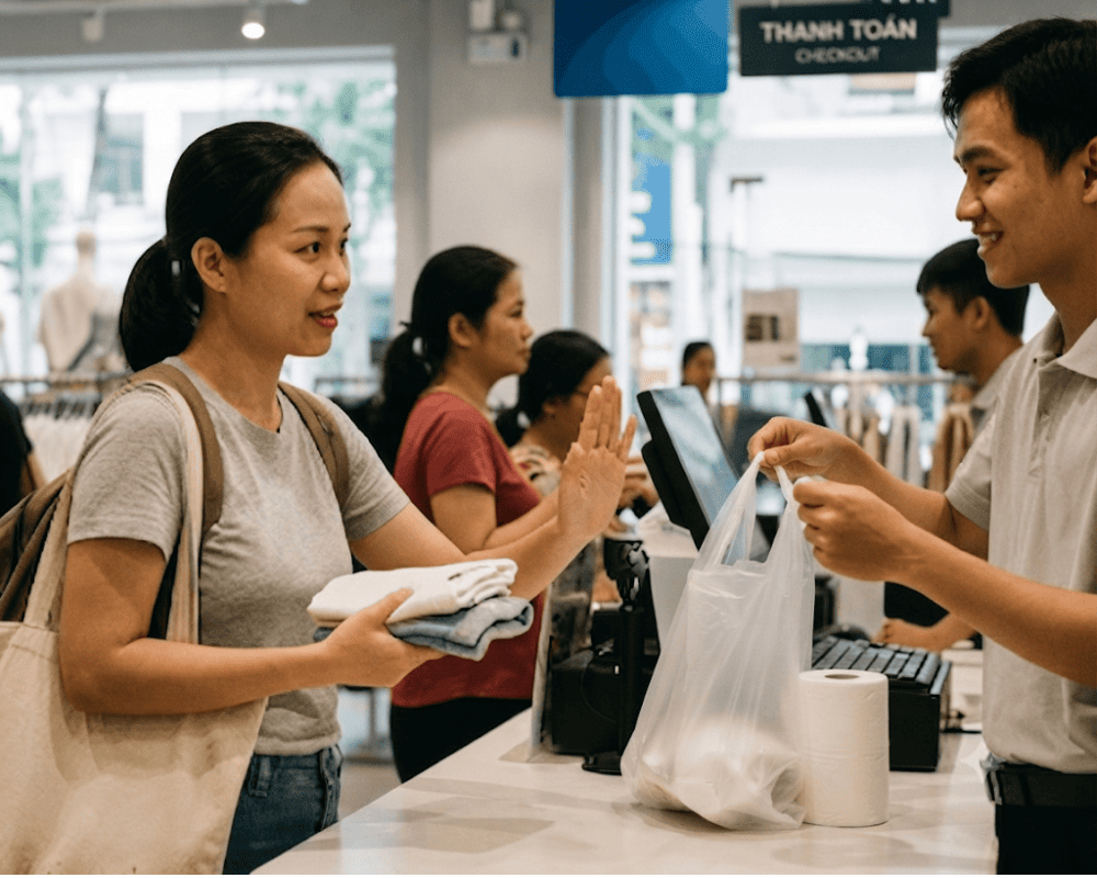 Người phụ nữ từ chối sử dụng túi nilon khi mua hàng