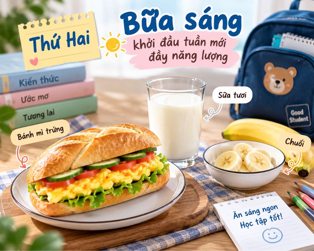 Bánh mì trứng, sữa và chuối cho bữa sáng nhanh gọn