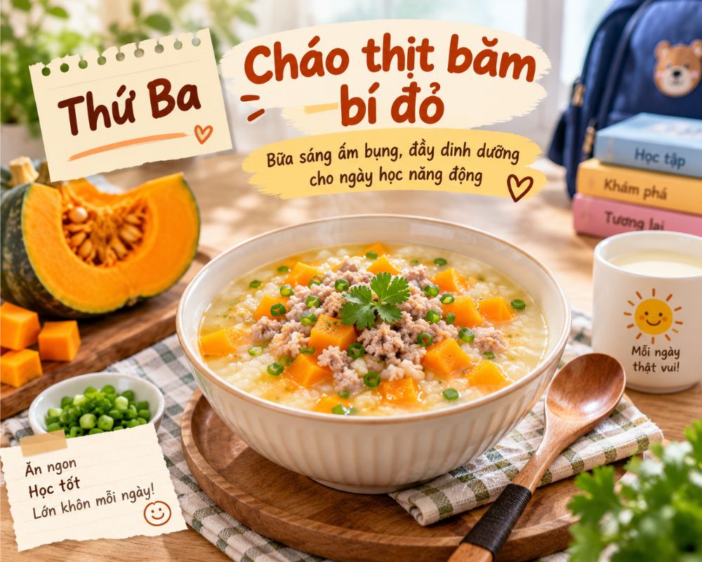 Cháo thịt bằm bí đỏ mềm ngon, dễ ăn vào buổi sáng
