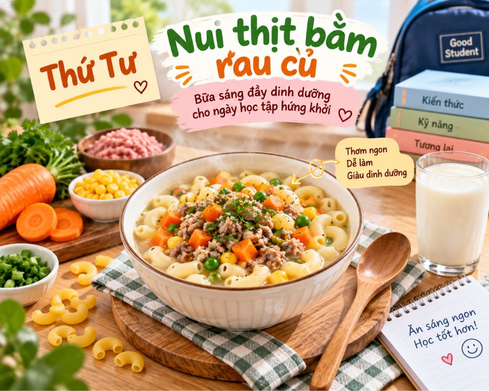 Nui thịt bằm rau củ giúp bữa sáng thêm hấp dẫn