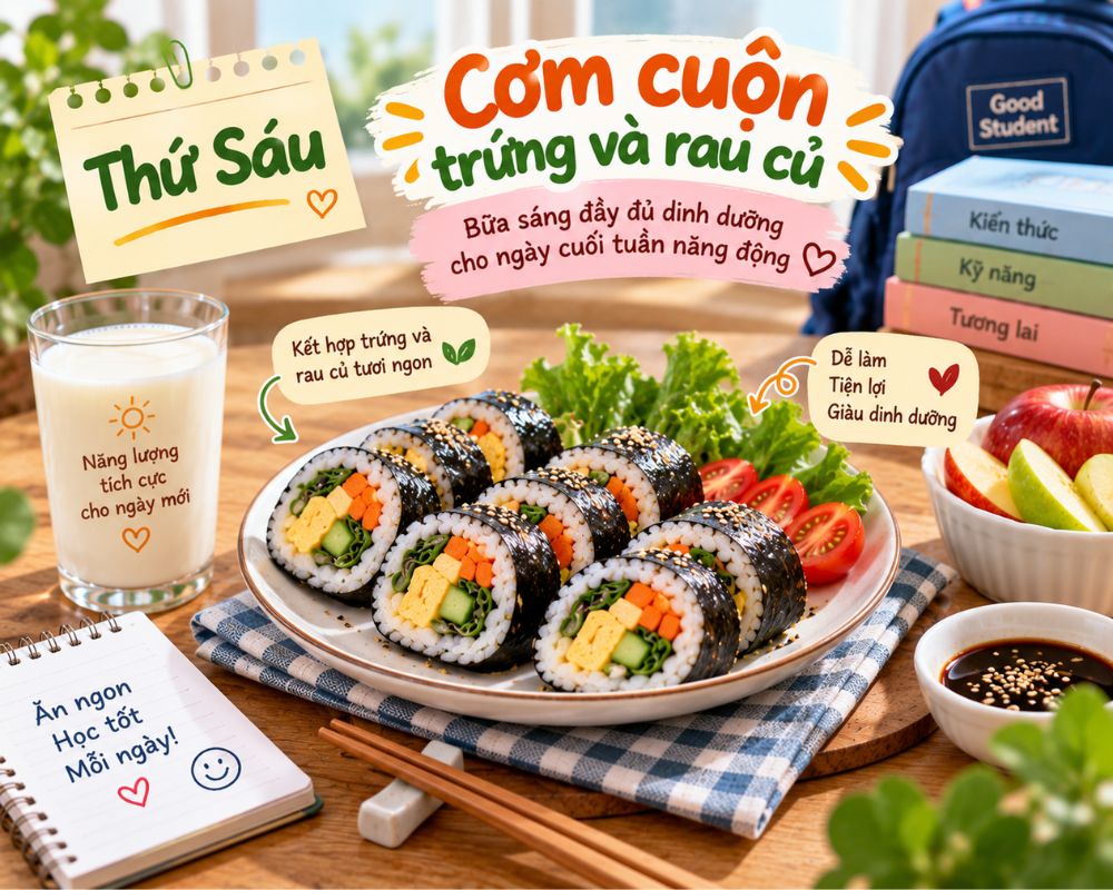 Cơm cuộn trứng và rau củ đa dạng màu sắc
