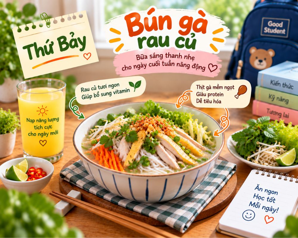 Bún gà rau củ thanh nhẹ, dễ ăn vào buổi sáng