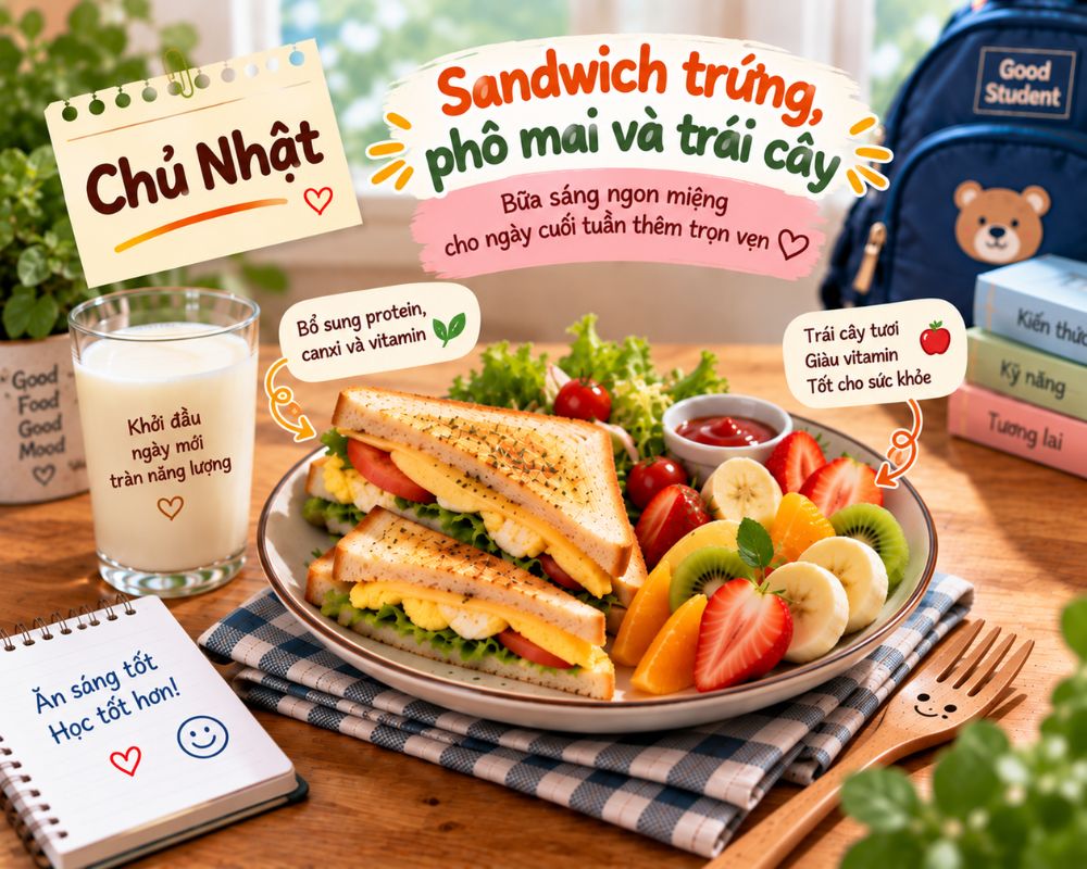 Sandwich trứng, phô mai kết hợp trái cây tươi