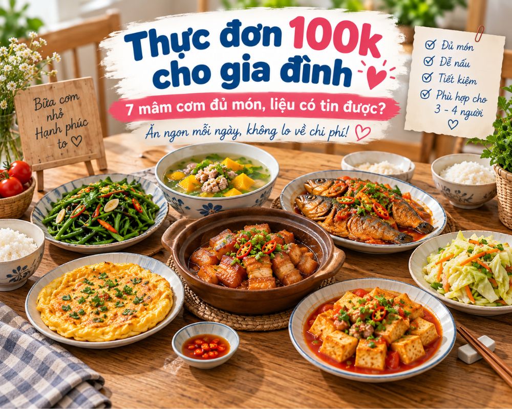  7 thực đơn 100k cho gia đình với món mặn, món rau và canh dễ nấu.
