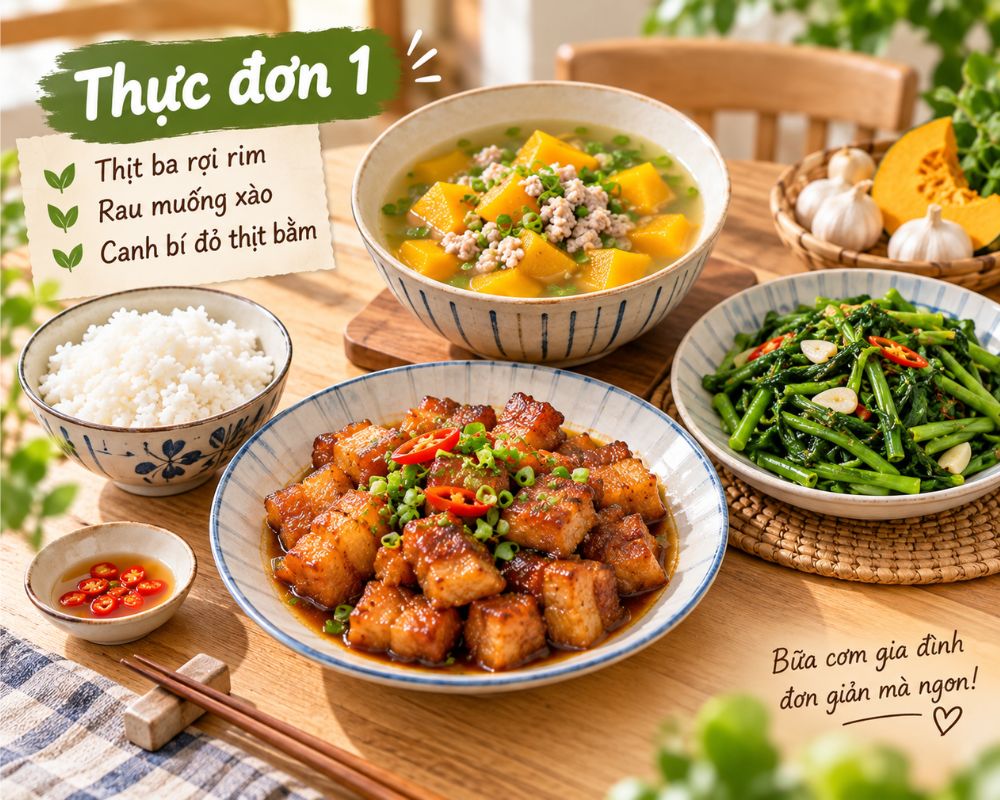 Mâm cơm 100k với thịt ba rọi rim, rau muống xào và canh bí đỏ thịt bằm.