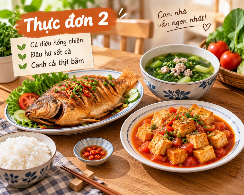 Mâm cơm gia đình với cá điêu hồng chiên, đậu hũ sốt cà và canh cải thịt bằm.