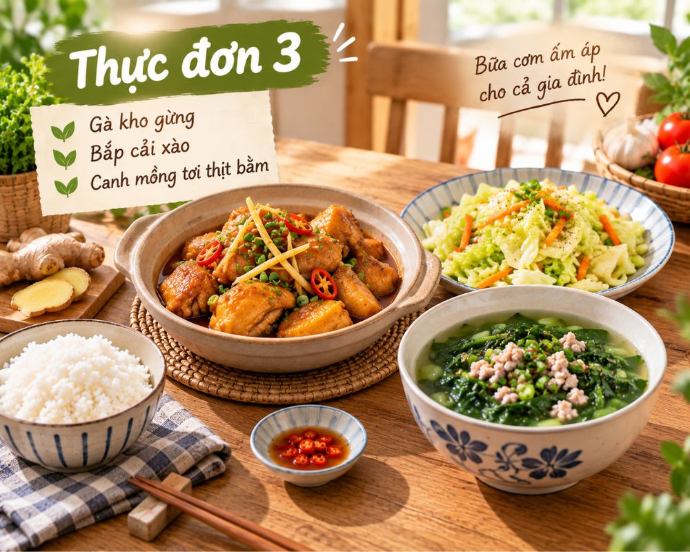 Thực đơn gia đình 100k với gà kho gừng, bắp cải xào và canh mồng tơi thịt bằm.