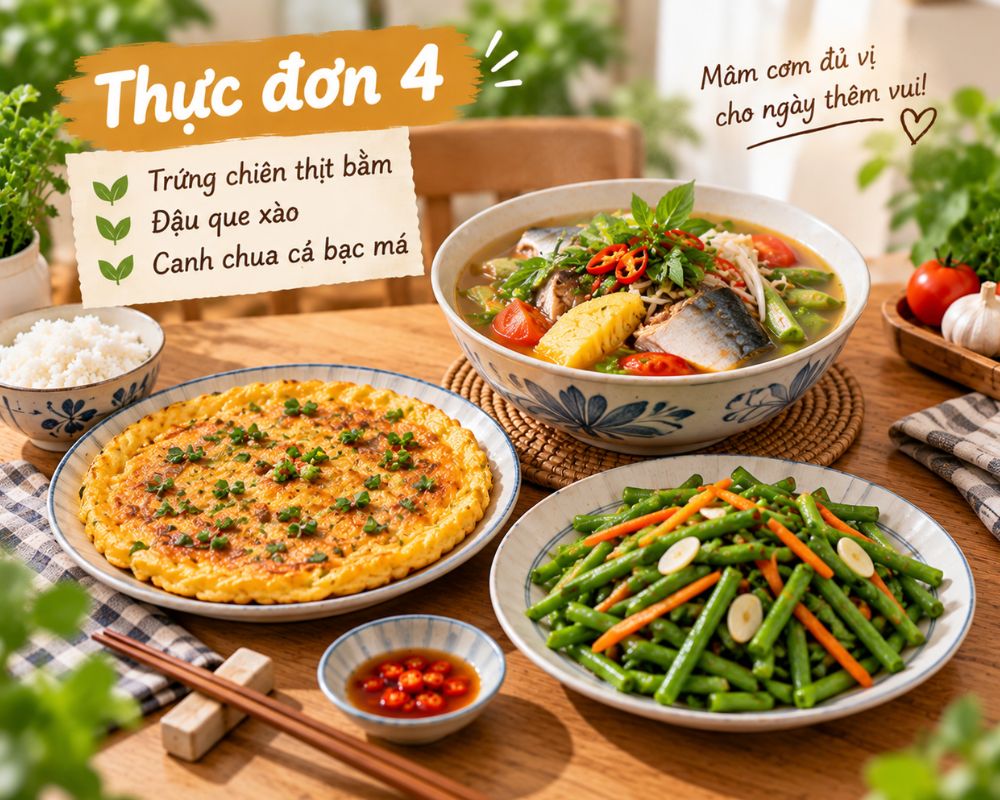 Bữa cơm 100k cho 4 người với trứng chiên thịt bằm, đậu que xào và canh chua cá bạc má.