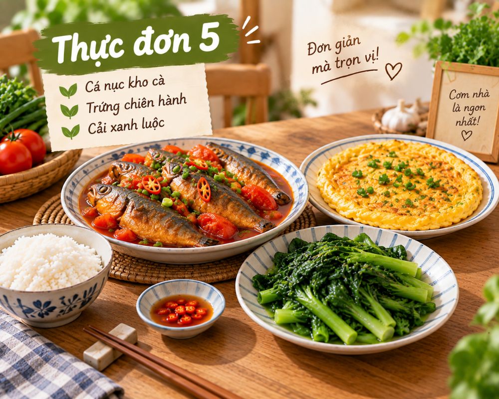 Mâm cơm 100k với cá nục kho cà, trứng chiên hành và cải xanh luộc.