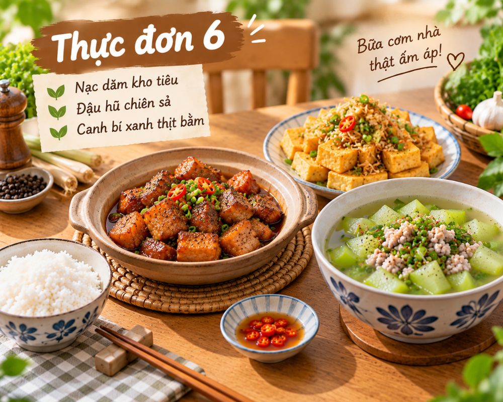 Mâm cơm gia đình với nạc dăm kho tiêu, đậu hũ chiên sả và canh bí xanh thịt bằm.