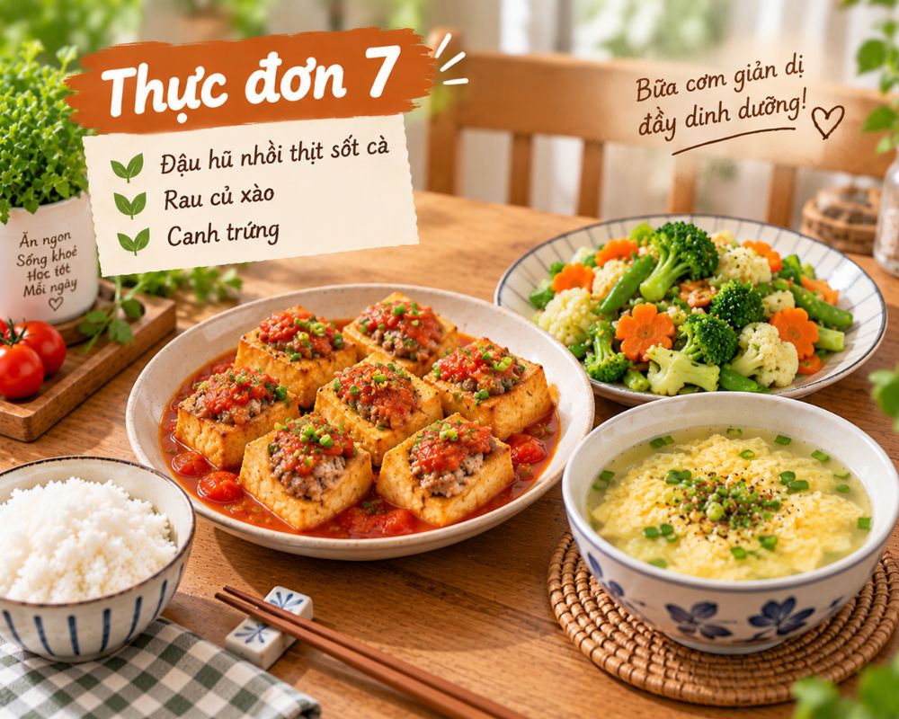 Mâm cơm tiết kiệm với đậu hũ nhồi thịt sốt cà, rau củ xào và canh trứng.