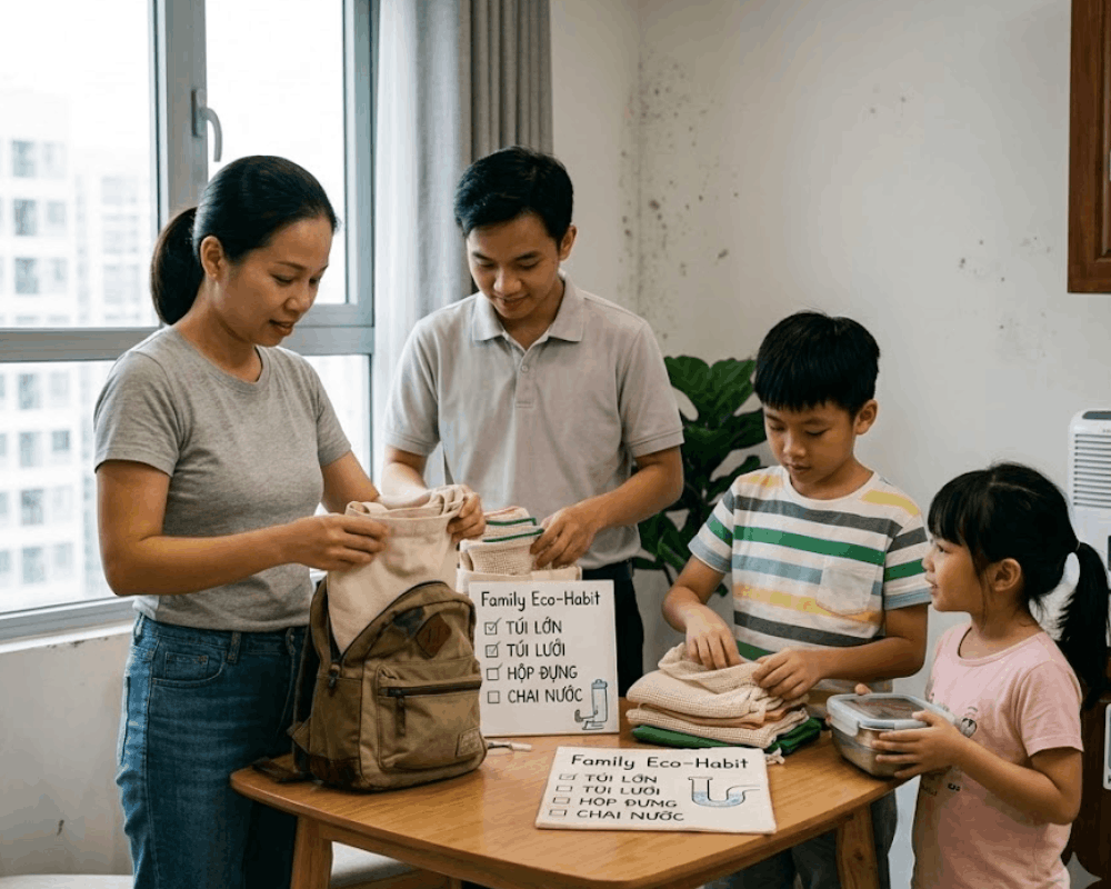 Gia đình đang chuẩn bị túi dùng khi đi mua sắm cùng nhau