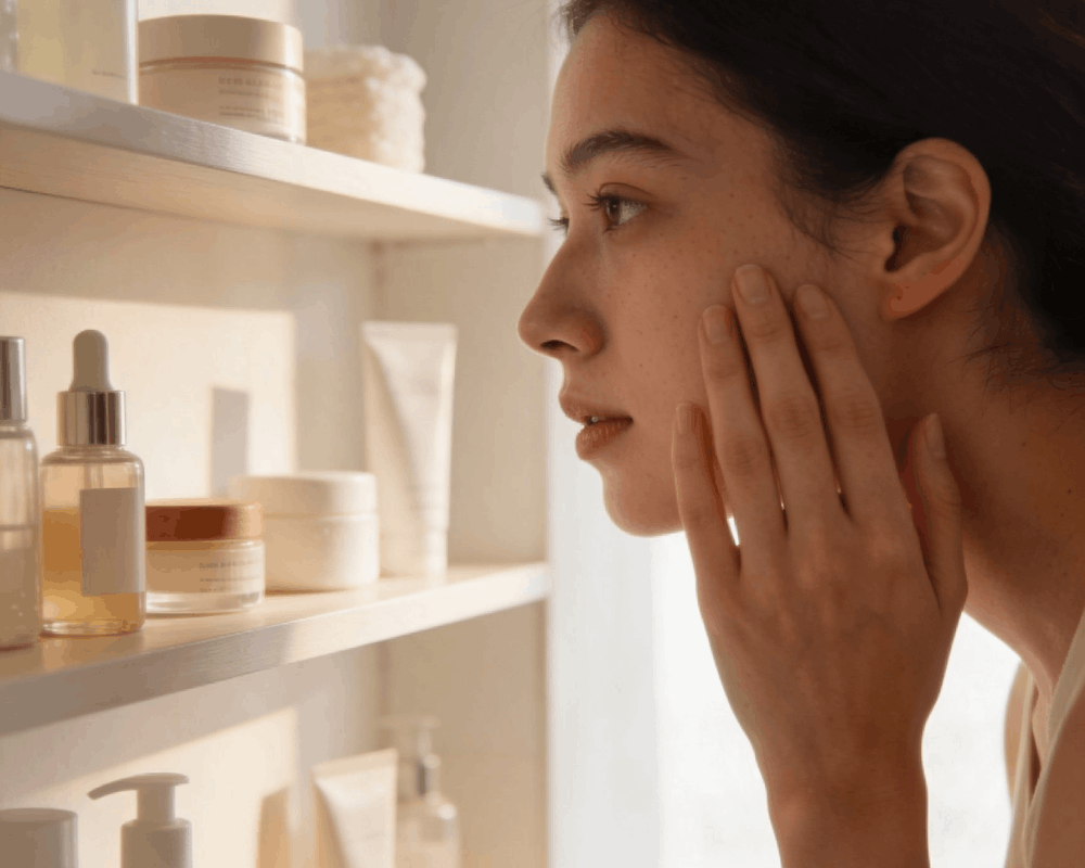 Người phụ nữ kiểm tra làn da sau khi chăm sóc