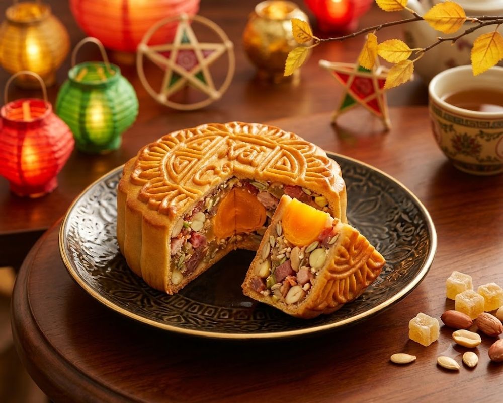 Chiếc bánh trung thu thập cẩm nướng vàng ruộm với phần nhân truyền thống đậm đà, hấp dẫn.