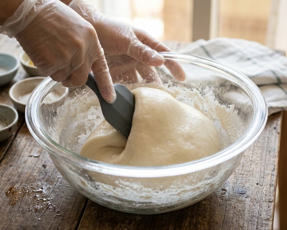 Nhào bột vỏ bánh trung thu dẻo đúng kỹ thuật để bột mịn màng, đàn hồi tốt trước khi ủ.