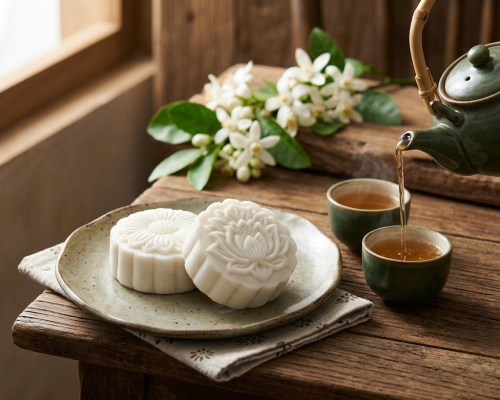 Bánh trung thu dẻo không nhân trắng ngần, thanh ngọt nhẹ nhàng khi thưởng thức cùng tách trà xanh ấm