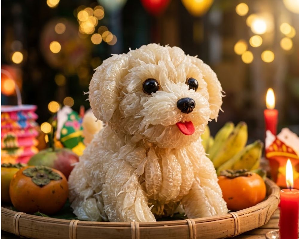 Chú chó bưởi với bộ lông tơi xốp ngộ nghĩnh là điểm nhấn không thể thiếu của mâm cỗ Trung thu