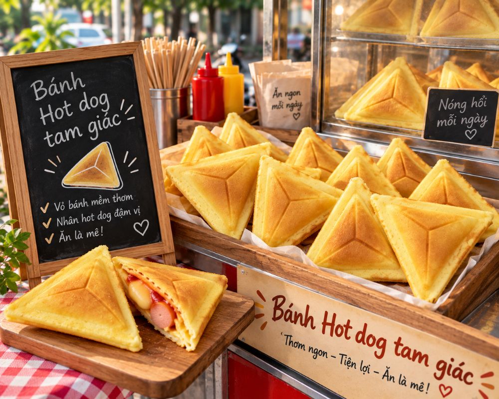 Bánh hotdog tam giác với lớp vỏ mềm và phần nhân bên trong