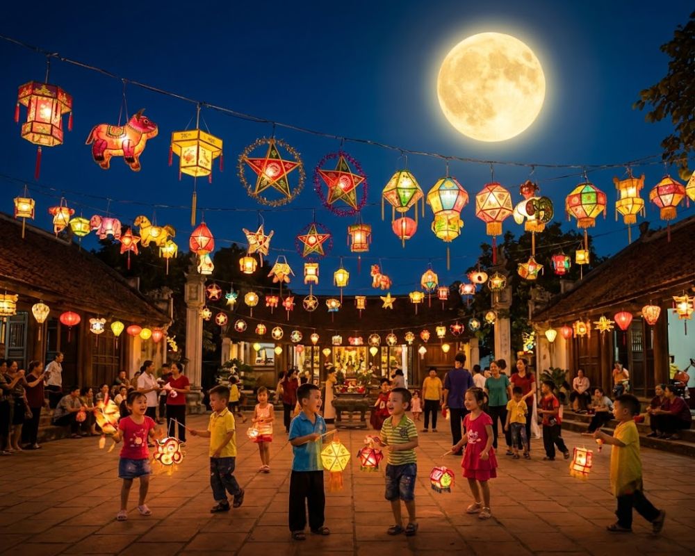 Khung cảnh rộn ràng trong đêm Tết Trung thu với lồng đèn rực rỡ và trăng rằm tháng 8
