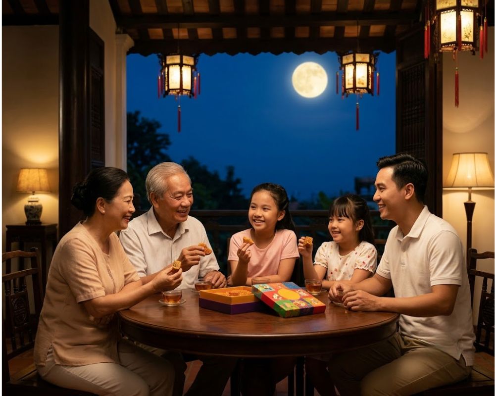 Gia đình sum vầy, đoàn tụ quây quần uống trà ăn bánh đêm Tết Trung thu