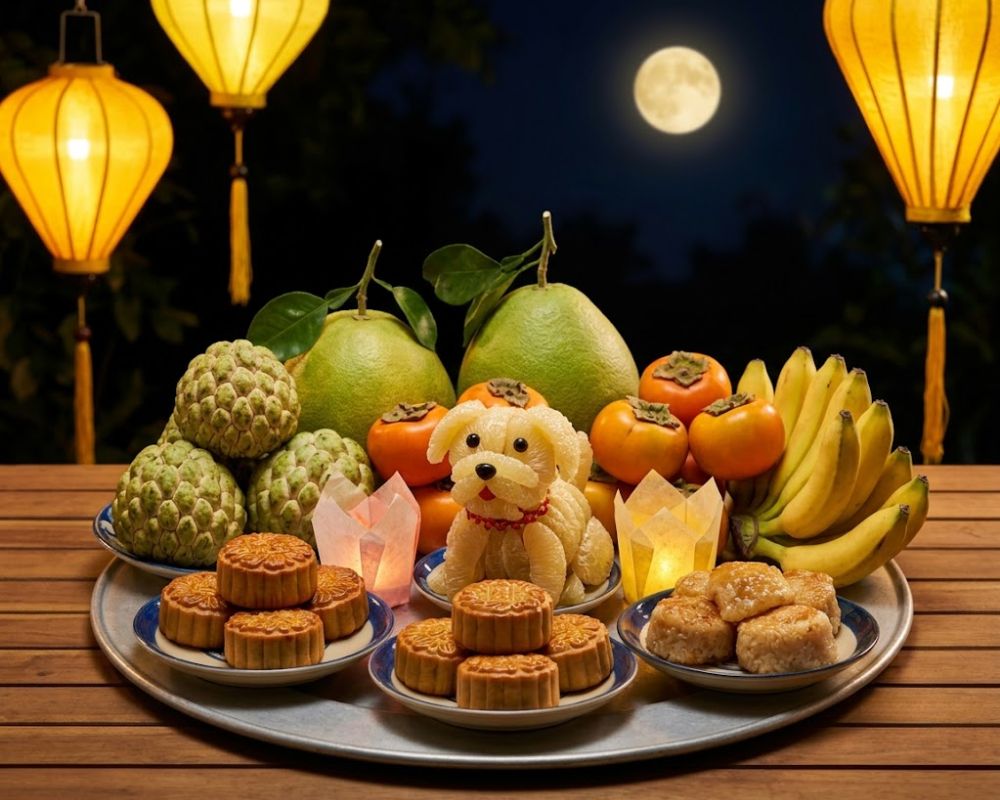 Mâm cỗ cúng rằm Trung thu truyền thống với bánh nướng, bánh dẻo và mâm ngũ quả