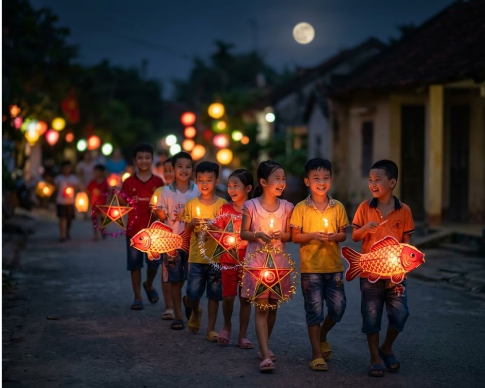 Trẻ em hân hoan rước đèn ông sao và đèn cá chép đêm hội trăng rằm