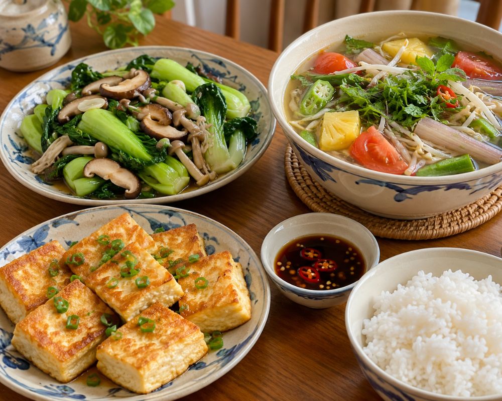 Đổi vị với mâm cơm rau xanh hấp dẫn.