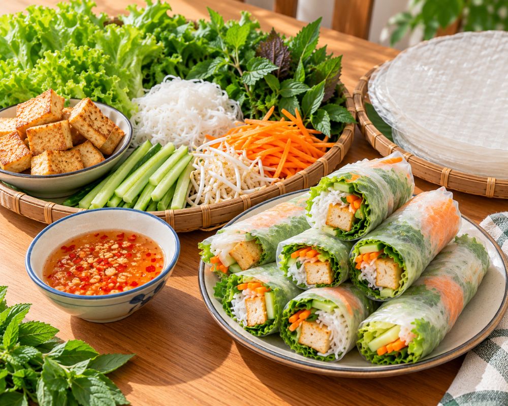 Cuốn tươi giòn ngon, chấm sốt đậm đà.