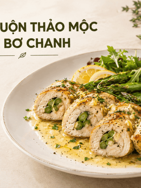 Ức gà cuộn thảo mộc áp chảo kèm sốt bơ chanh thơm béo