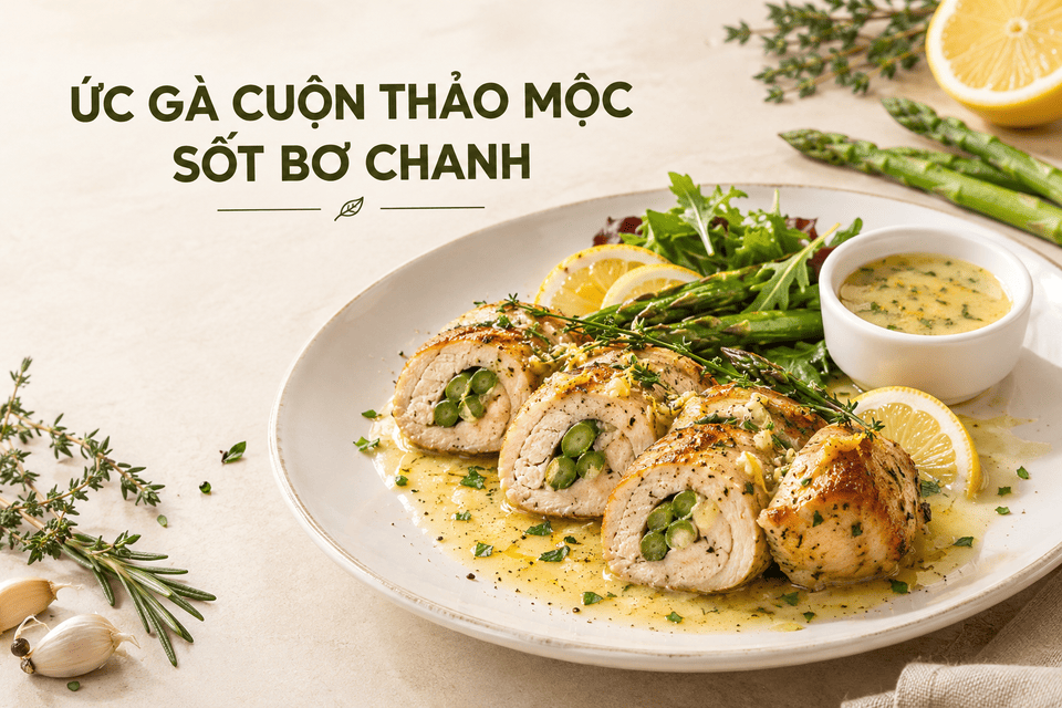 Ức gà cuộn thảo mộc áp chảo kèm sốt bơ chanh thơm béo
