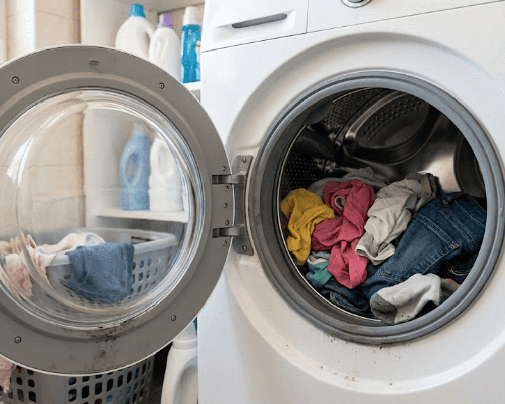 Máy giặt chứa đầy quần áo sau khi giặt