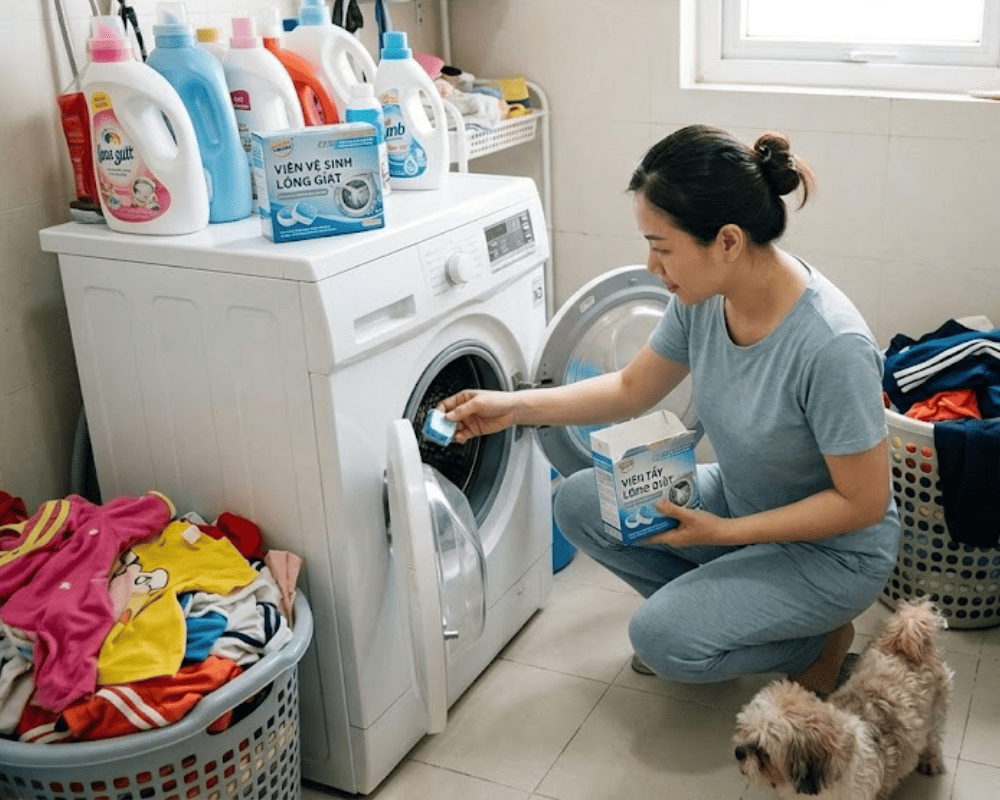 Cho nước giặt vào máy trước khi giặt quần áo