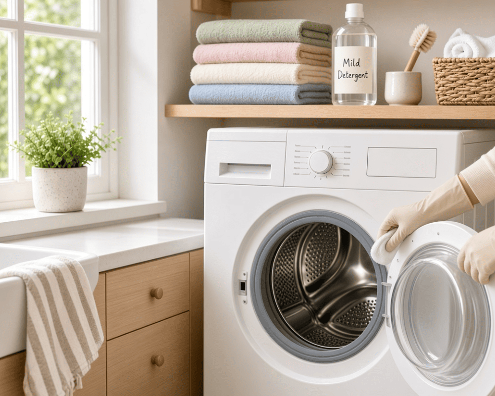 Máy giặt sạch sẽ trong khu vực giặt đồ gia đình
