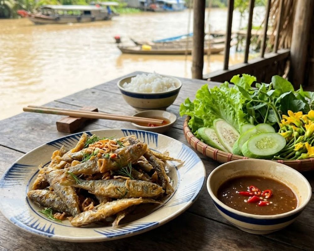 Cá Linh chiên giòn óng ánh thơm lừng.