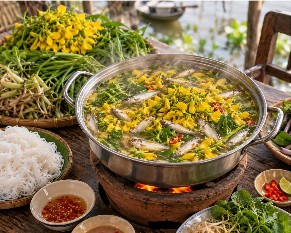 Lẩu cá linh bông điên điển mùa nước nổi