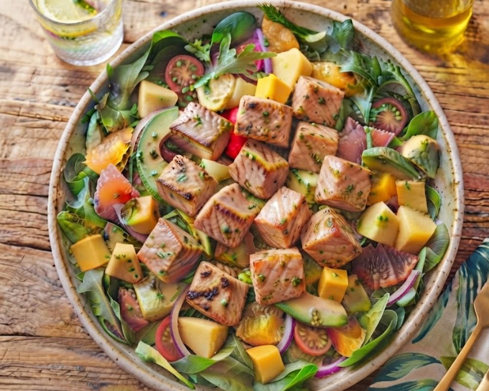 Bí quyết làm salad cá hồi trái cây nhiệt đới thanh mát, giòn ngon