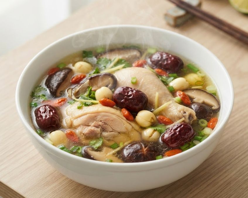 Bát canh gà hầm táo đỏ hạt sen nóng hổi bổ dưỡng khí huyết
