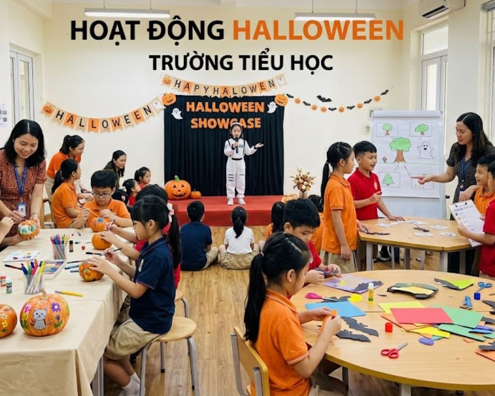 Các em học sinh tiểu học hào hứng tham gia các hoạt động Halloween trong lớp học