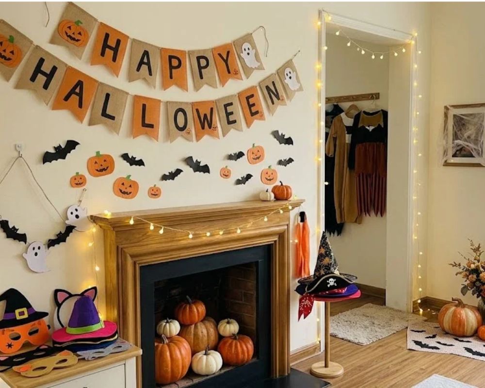 Trang trí Halloween tại nhà với dây chữ Happy Halloween, đèn vàng và hình dơi bằng giấy