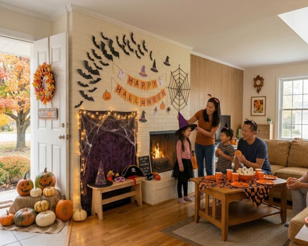 Gia đình vui vẻ trang trí và chuẩn bị tiệc Halloween cùng nhau trong phòng khách