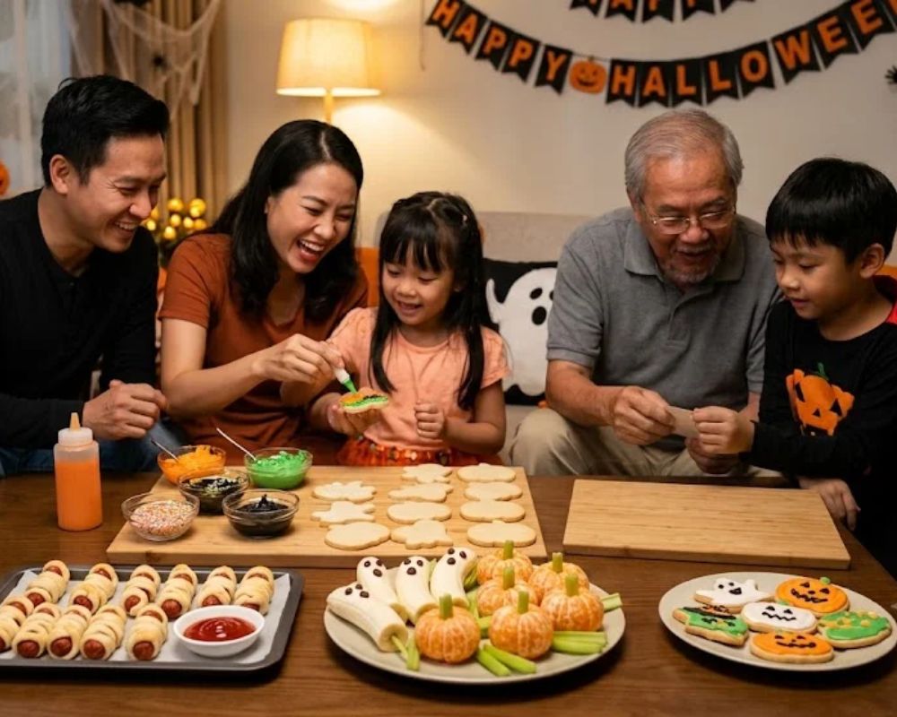 Gia đình cùng chuẩn bị bánh kẹo và tham gia hoạt động Halloween tại nhà