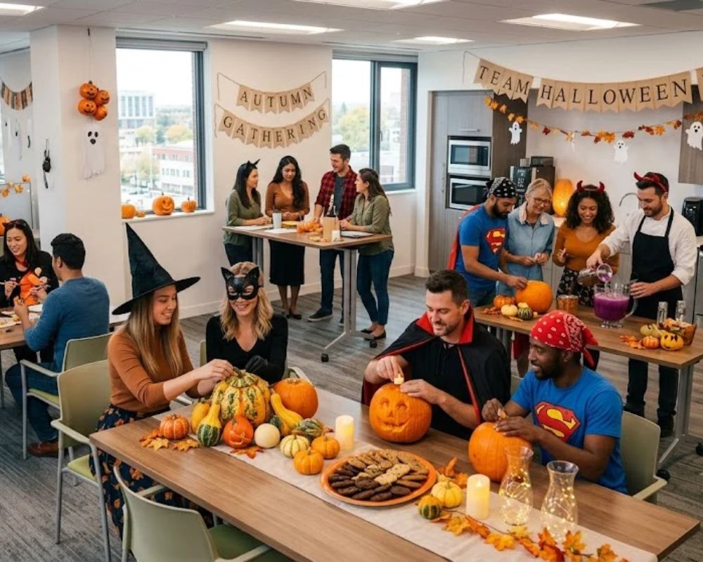 Đồng nghiệp cùng tham gia hoạt động chuẩn bị tiệc Halloween tại văn phòng