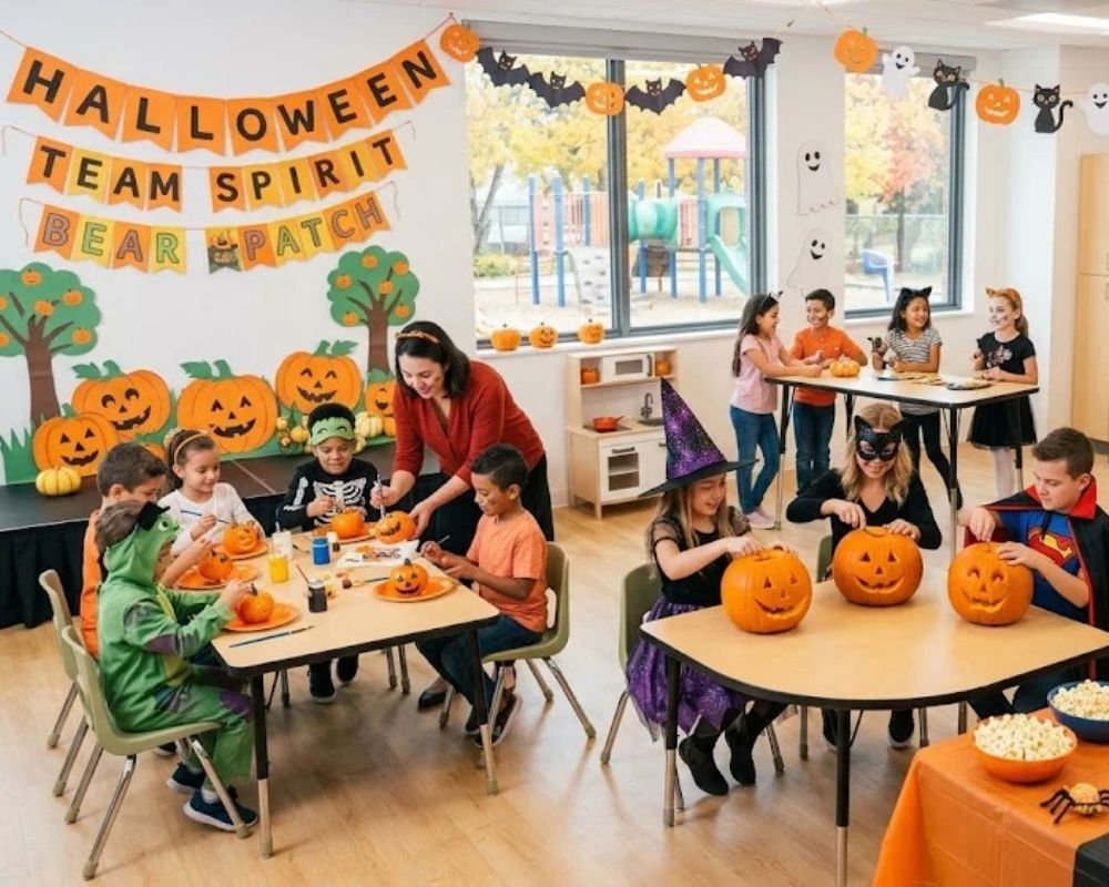 Trẻ mầm non cùng giáo viên trang trí Halloween trong lớp học