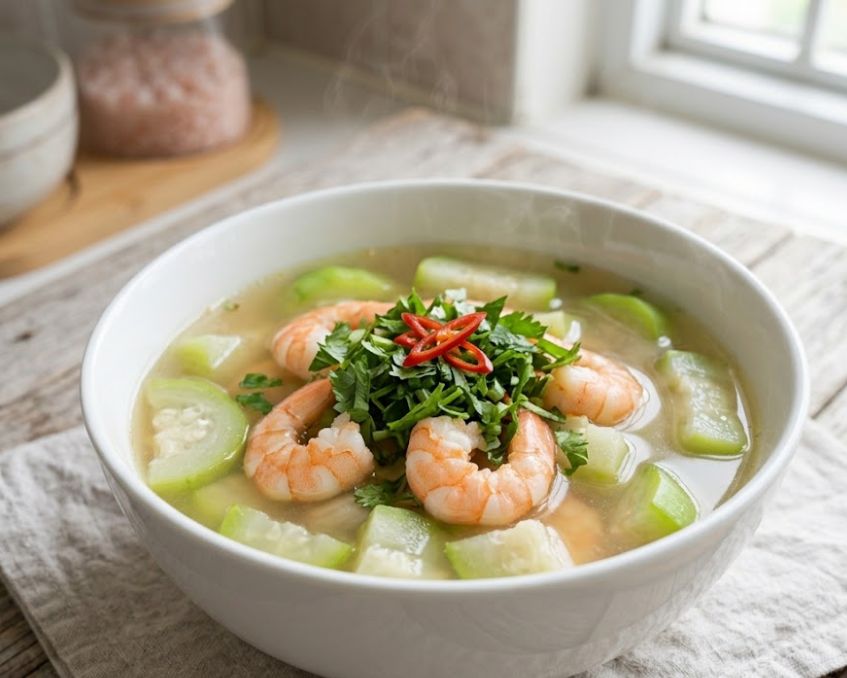 Tô canh chua bầu nấu tôm thanh mát giải nhiệt bữa cơm hè
