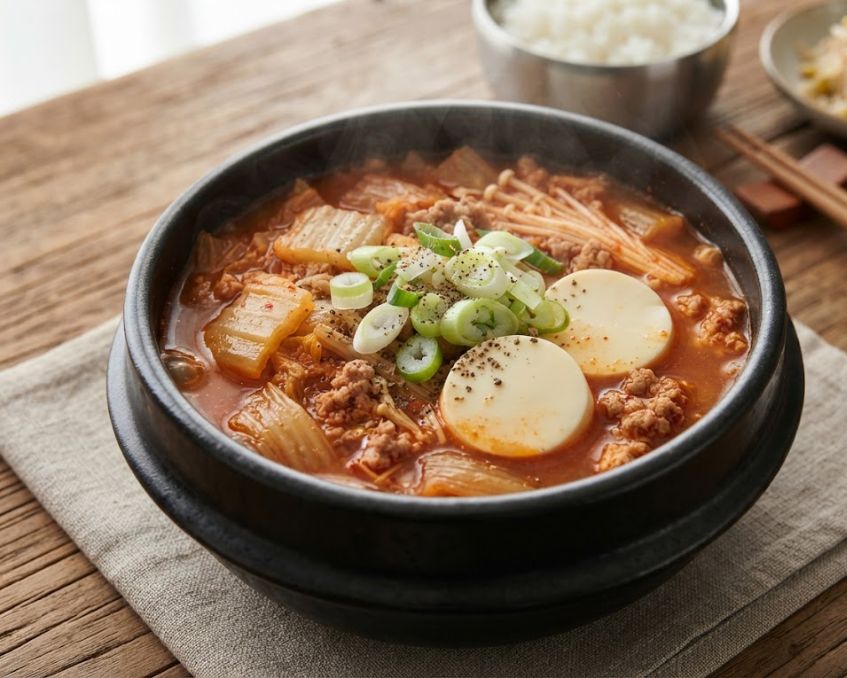 Bát canh kim chi đậu hũ non thịt băm chua cay nghi ngút khói hấp dẫn
