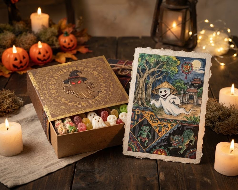 Trao gửi những hộp quà kẹo rực rỡ và thiệp chúc mừng ý nghĩa cho người thân ngày Halloween
