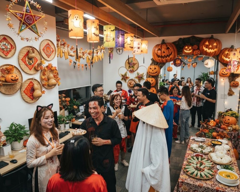 Tổ chức sự kiện Halloween tại công sở hay trường học giúp tạo bầu không khí gắn kết và rộn ràng
