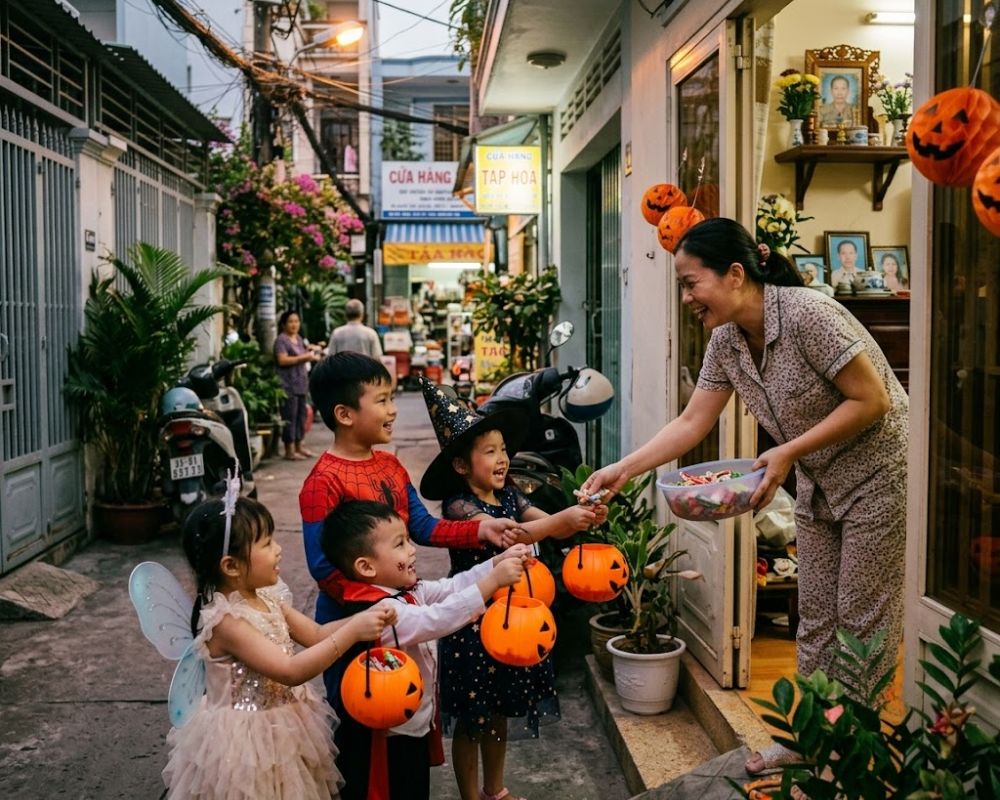 Trẻ em hào hứng tham gia trò chơi Trick or Treat và nhận kẹo trong ngày lễ Halloween